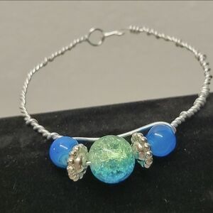 Silver Twisted Wire Bangle Blue Beaded Bracelet